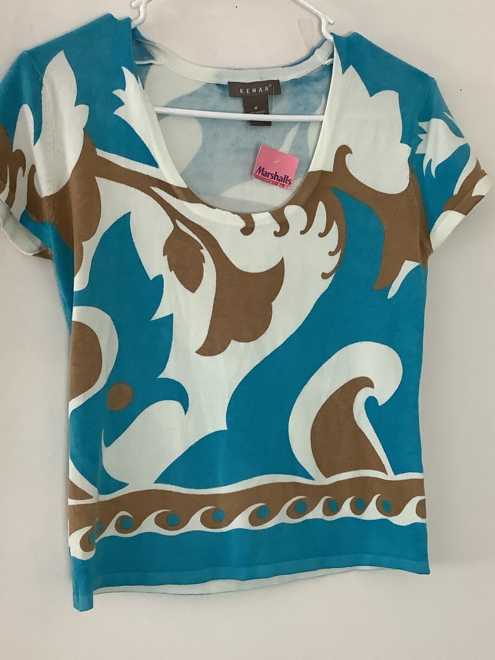 Kenar Turquoise, White & Brown Short Sleeve V-Neck Top